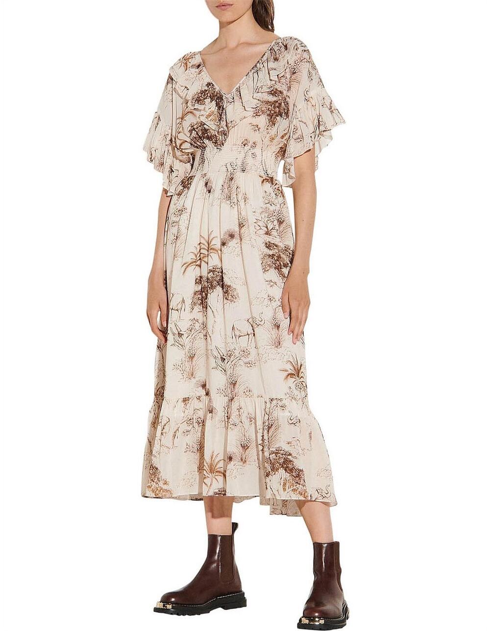 Sandro Marro Cream Ruffle Sleeve V-Neck Floral Print Midi Dress Size 2